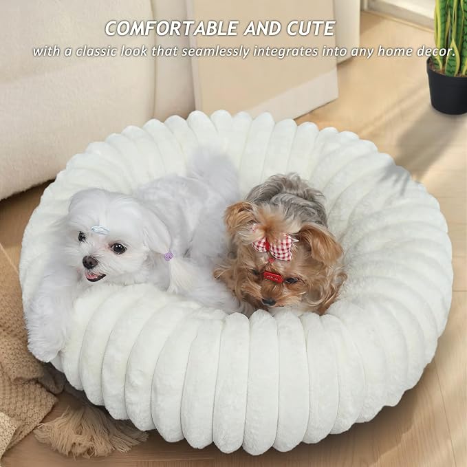 Donut Small Dog Bed Washable - Dog Beds for Small Dogs and Cats with Corduroy Fleece & Anti Slip Bottom, Calming Round Faux Fur Cute Pet Bed for Puppy Kitten, Cream, 23x23x5.5 inches