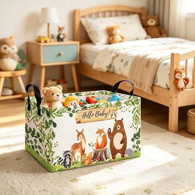 Rectangle Foldable Storage Basket Handles For Home, Forest Animals | Waterproof canvas material, reinforced handles, perfect for shelf use, organizes clothes, daily items and pet supplies