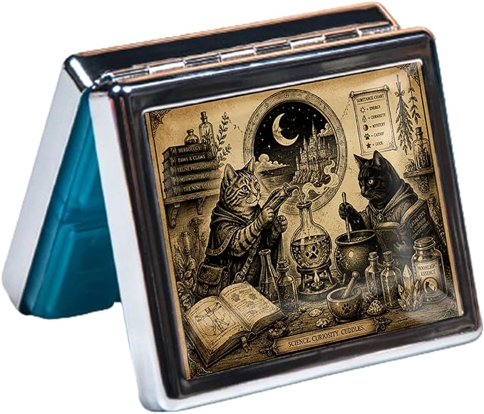 Weekly Pill Organizer with Mirror, 8 Compartments Chrome Pill Box, Portable Travel Medication Organizer for Vitamins and Supplements, Compact Pocket Pill Case for Daily Use (The Studied Cats)