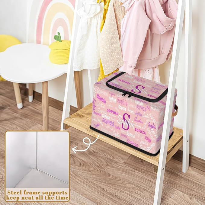 Personalized Kids Toy Box with Name, Custom Nursery Baskets Cubes Box with Zipper Lid, Kids Custom Storage Basket Laundry Baskets Organizer with Handles, Pale Pink Background Colorful Names