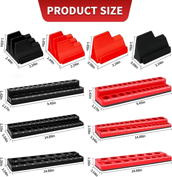 Magnetic Socket Organizer Set, 8PCS Socket Holder, 6 Socket Trays & 2 Wrench Racks, Metric & SAE Tool Box Organizer for 1/4", 3/8", 1/2" Sockets for Toolbox Storage(Socket, Wrench not Included)