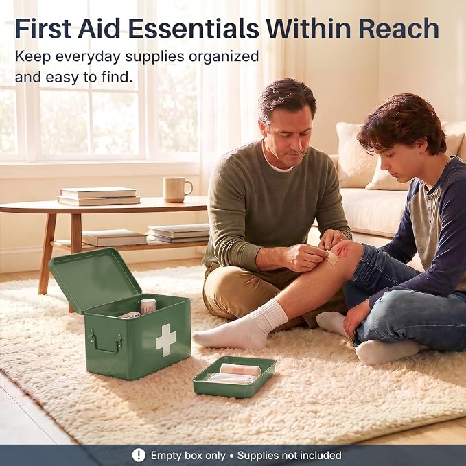 Flexzion Large Metal First Aid Box Empty, 8.5-Inch, Green with White Cross | Vintage Medicine Box and First Aid Storage Organizer with Removable Tray and Dividers; Empty Box Only, Supplies Not Included