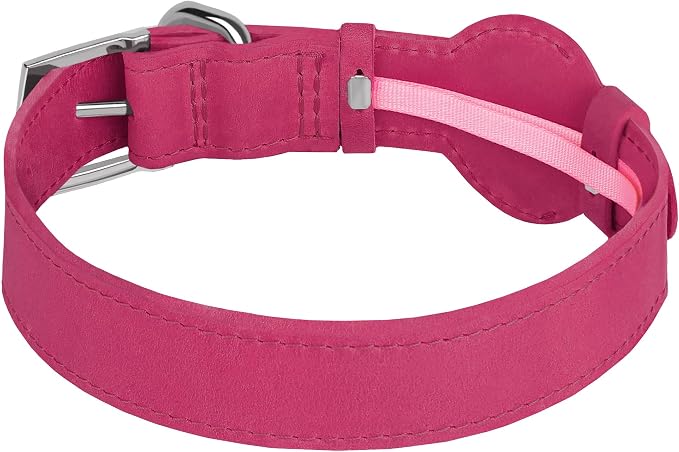 Leather Dog Collar with Airtag Holder - Apple Air Tag Dog Collars - Soft Tracking GPS Pet Collar for Small Medium Large Dogs Breed Puppy (Pink, M, 12"-15" Neck Fit)