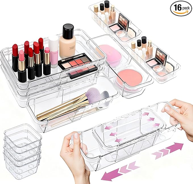 16 Pcs Upgraded Extendable Clear Drawer Organizer, Adjustable Vanity Storage Box, 3-Size Desk Drawer Organizer, Durable Storage Bins for Makeup, Cosmetic, Bedroom Dressers Tool Organizer for Gadgets