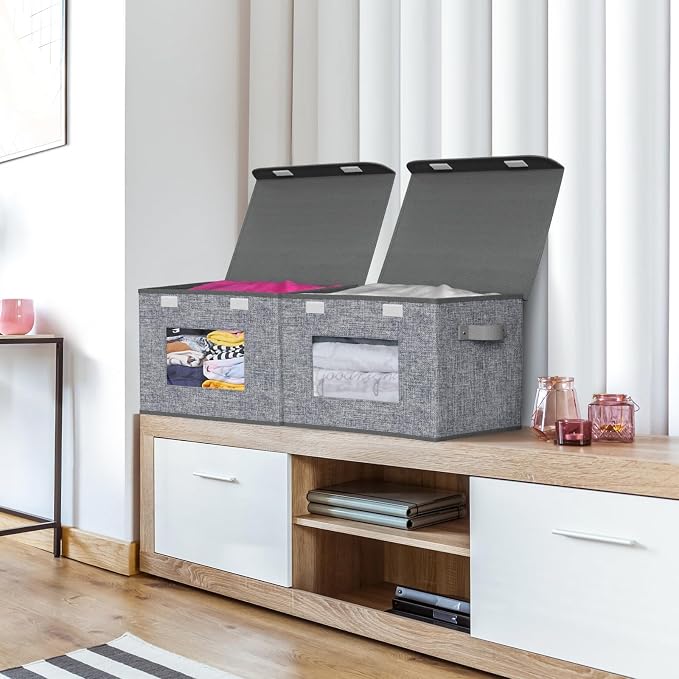 Univivi Fabric Storage Bins with Lids for Clothes 4 Pack, Grey Linen | 17 x 12 x 12 In Foldable Storage Boxes with Handles, Clear Window, Closet Organizers for Home, Bedroom