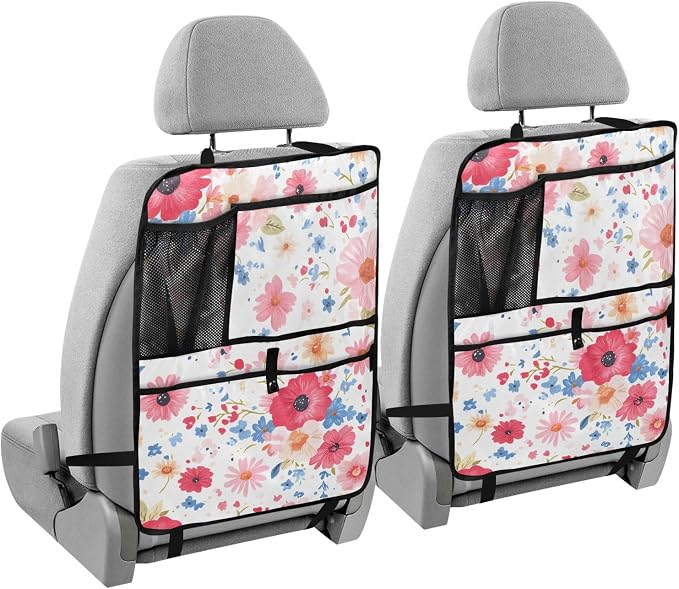 JIPONI Car Backseat Organizer, Color Red Flower Automotive Back Seat Protector, Kick Mats with Storage Pockets for Kids Pets, Road Trip Accessories