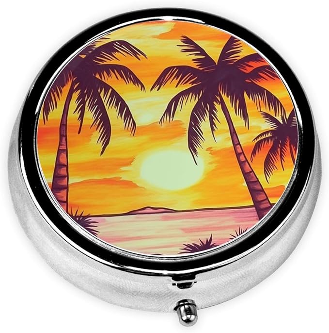 Round Pill Box Sunset Palm Tree Pill Case for Purse & Pocket 3 Compartment Pill Organizer Portable Travel Pillbox Medicine Pill Holder Container for Daily Vitamin Cod Liver Oil Storage