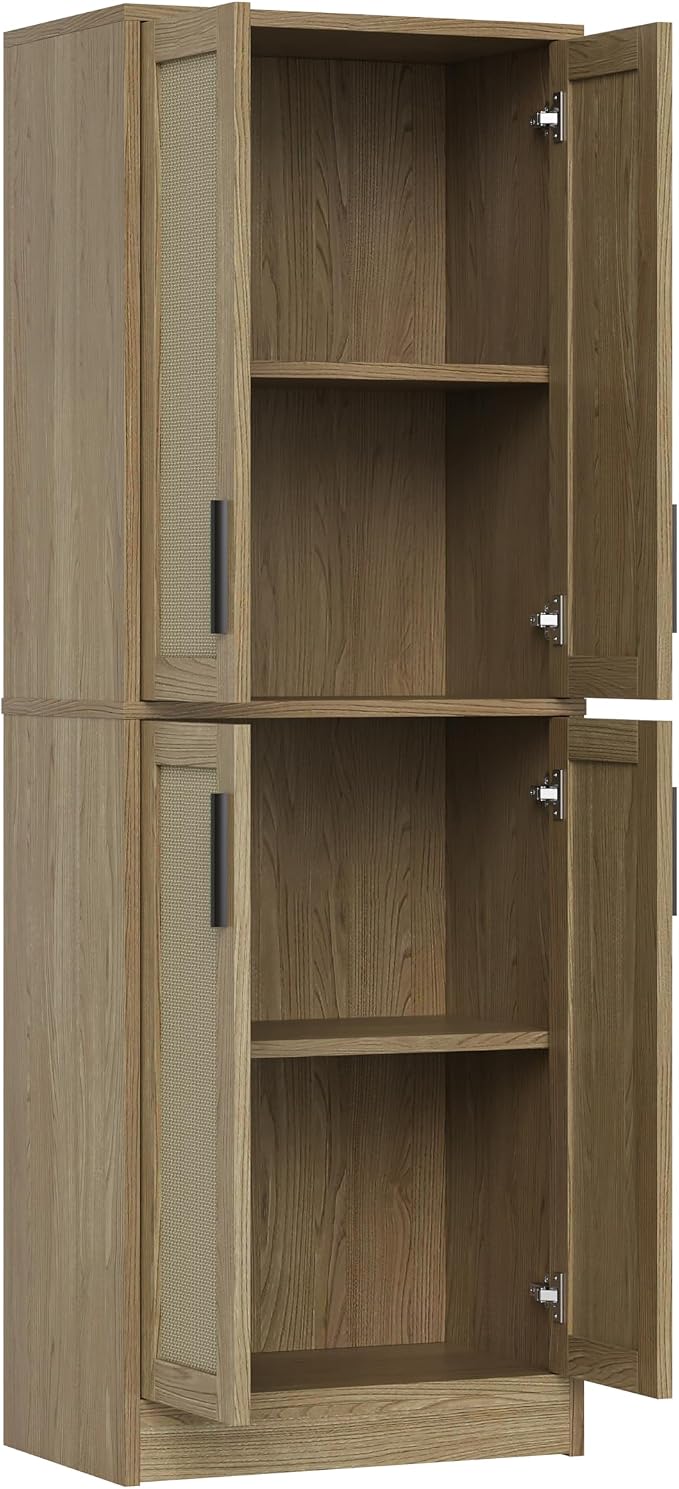 Pantry Cabinet - Tall Kitchen Pantry Storage Cabinet with 4 Rattan Doors and Adjustable Shelves, Wood Cupboard for Kitchen, Dining Room, Bathroom, Hallway, Laundry Room, Living Room