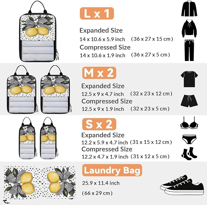 Lemon 6 Set Compression Packing Cubes Cute Fruit Expandable Packing Organizer for Travel Accessories Luggage Suitcase Bag