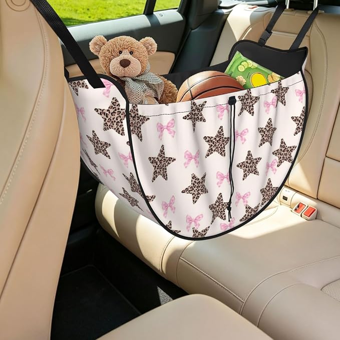 Leopard Star Pink Bow Car Seat Organizer Backseat Storage Bag, Large Waterproof Vehicle Organizer With Adjustable Straps For Gear Essentials, Fits Most Cars