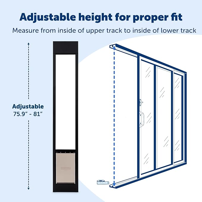PetSafe Sliding Glass Pet Door, 1 Piece, Large Dogs to 100 lbs, Black | Adjustable Height 75 7/8 to 80 11/16 Inches, No-Cut DIY Install into Existing Track, Magnetic Flap, Durable Aluminum Frame