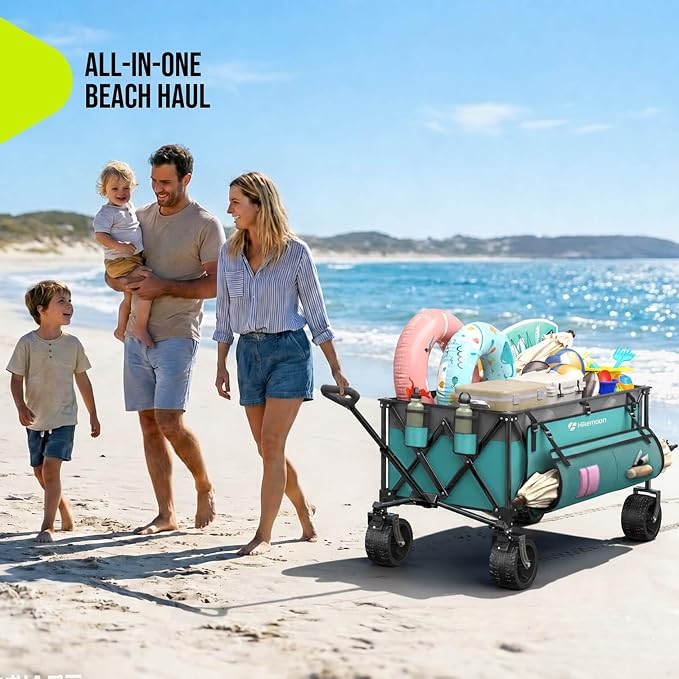 48'' Extra Large Collapsible Wagon, Big Wheels, 300L Turquoise | 560LBS Heavy Duty, Wagons Carts Foldable, All-Terrain, Brakes, Folding Cart, Utility for Beach/Camping/Garden/Sports/Grocery
