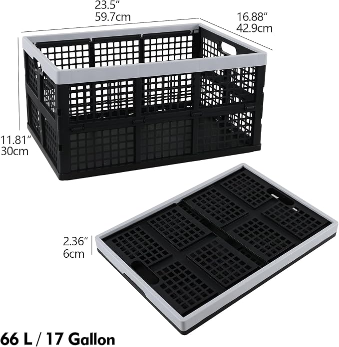 3-Pack 66 L Collapsible Milk Crates, Folding Plastic Storage Bins | Stackable Containers for Organizing, Foldable Crates 23.5 x 16.88 x 11.81 in, Black, Space-Saving Fold-Flat Design