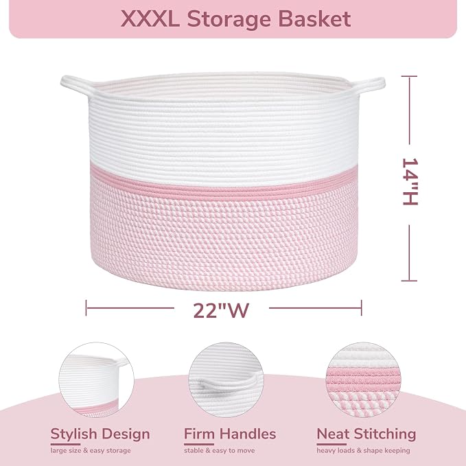 CHICVITA XXL Cotton Rope Woven Blanket Basket with Handles, Pink | Extra large storage basket doubles as clothes and laundry hamper. Decorative, 22x22x14 inches