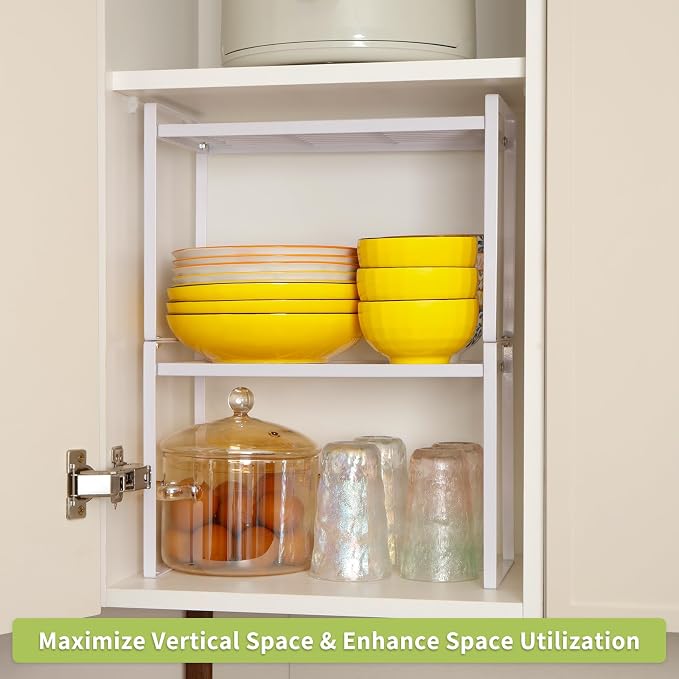 MiaLi Cabinet Organizer Shelf, Set of 2 Metal Counter Shelves Spice Rack, Stackable Kitchen Bathroom Organizers and Storage, White