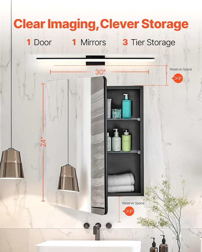 VEVOR Medicine Cabinet, 24 x 30 inch, Medicine Cabinet for Bathroom with Mirror, Aluminum Frame Bathroom Wall Cabinet, 2-Layer Adjustable Shelves, Recessed & Wall-Mounted Installation