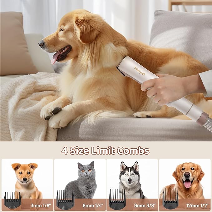 Mavpet 3.2L Dog Grooming Kit & Vacuum Suction, 3 Level Pet Hair Vacuum Groomer with Clippers for Thick Coats, 6 Shedding Grooming Tools for Dogs Cats
