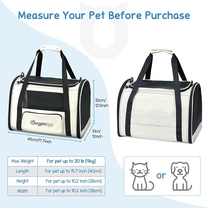 BurgeonNest Cat Carrier Soft, Collapsible Travel Pet Bag, Small Dogs | Large Cats up to 20 lbs with Unique Side Bag, Top Load Small Pet Crate Escape Proof with 4 Ventilated Windows, Medium Beige