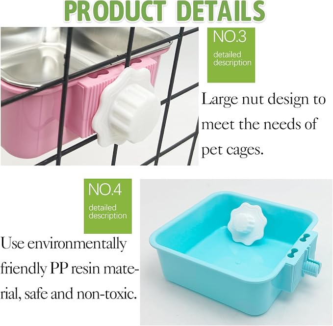 kathson Crate Dog Bowl, Removable Stainless Steel Hanging Pet Kennel Cage Bowl Food & Water Feeder Coop Cup for Puppy, Cat, Rabbit, Guinea Pigs 3pcs Small Square(Blue, Green, and Pink) (Pack of 2)
