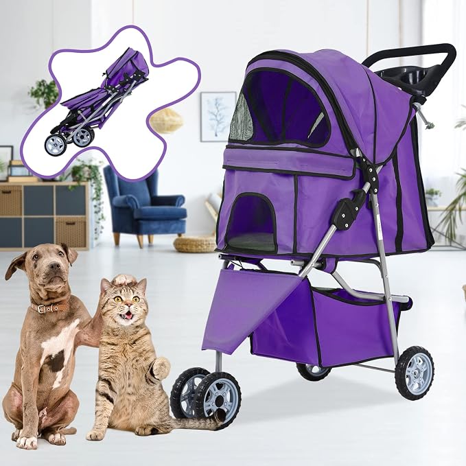 BLKMTY Dog Stroller, Folding Dog Stroller for Medium Dogs Cats, 3 Wheels Pet Cat Strollers Travel Carrier Strolling Cart for Puppy Jogger Strollers with Cup Holder & Storage Basket, Purple