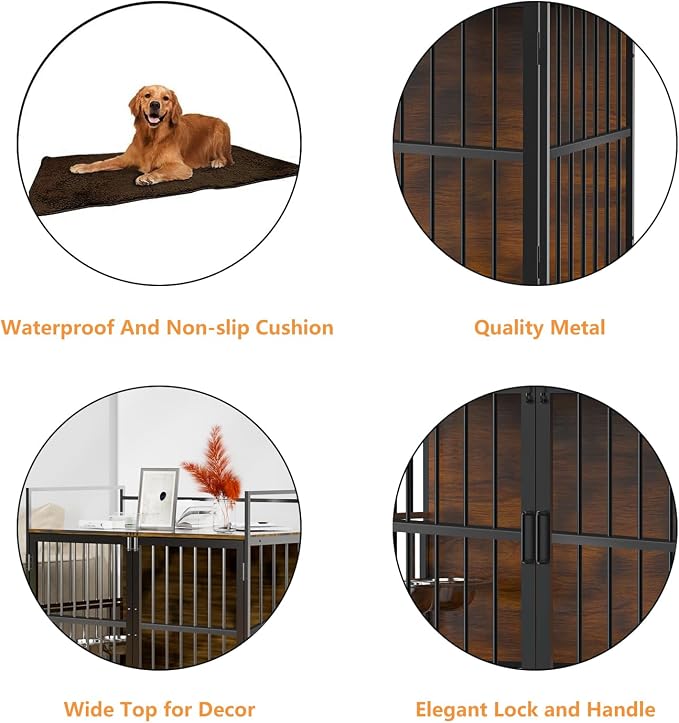 ROOMTEC 41 Inch Dog Crate Furniture, Indoor Kennel End Table | Steel-Tube Frame, Storage Top, Adjustable 360°Rotating Feeder, 2 Stainless Steel Bowls, With Pad, For Medium dog