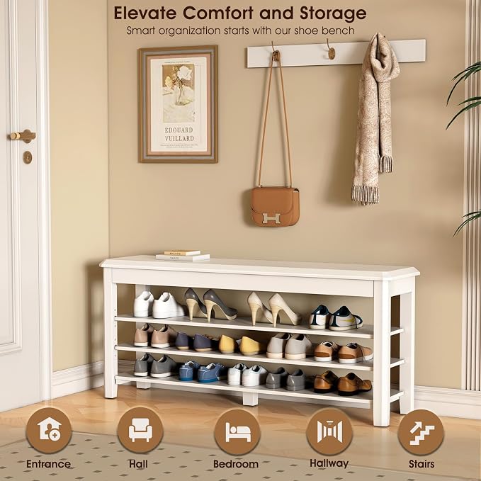 IUNVR Shoe Rack Bench Seat Rubberwood 3-Tier Wooden Storage Bench 550lbs Compact Mid-Century Modern Design for Entryway, Hallway, Closet, Front Door Entrance, Foyer