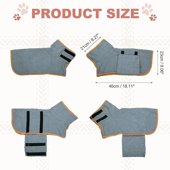 Dog Drying Coat, Dog Robes for After Bath Bathrobe Super Absorbent Towel Soft Adjustable, (XS, Gray&Orange Trim), Intended for Fast Drying Warm Keeping Pet Cats Kitten Puppies