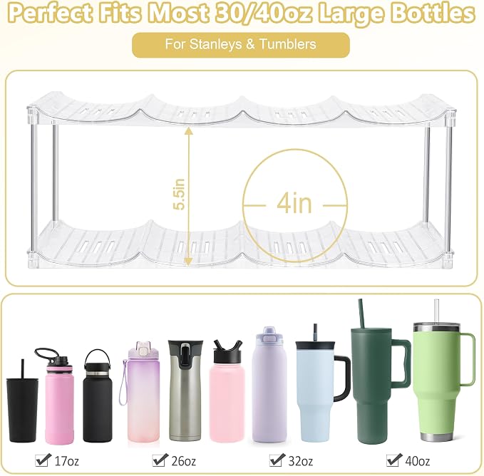 Stackable Water Bottle Organizer for Stanley 40oz Tumblers – Acrylic Water Bottle Holder for Cabinet, Pantry, Large Tumbler Organizer Storage Rack, Stanley Cup Storage, 2 Tier, Holds 8 Bottles