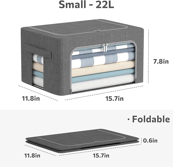 CYhom 3Pack Foldable Storage Bins - Frame Storage Box Linen Fabric Stackable Clothes Container Organizer with Clear Window & Carry Handles Large Capacity (Small-22L, Dark Gray)