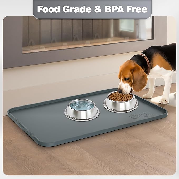 Silicone Dog Food Mat, Waterproof Anti-Slip Pet Feeding Mat with Warped Resistant Raised Edge,Spill-Proof Lip Floor Protection,Dishwasher-Safe Pet Placemat for Dogs & Cats(L 24" x 16" Gray)