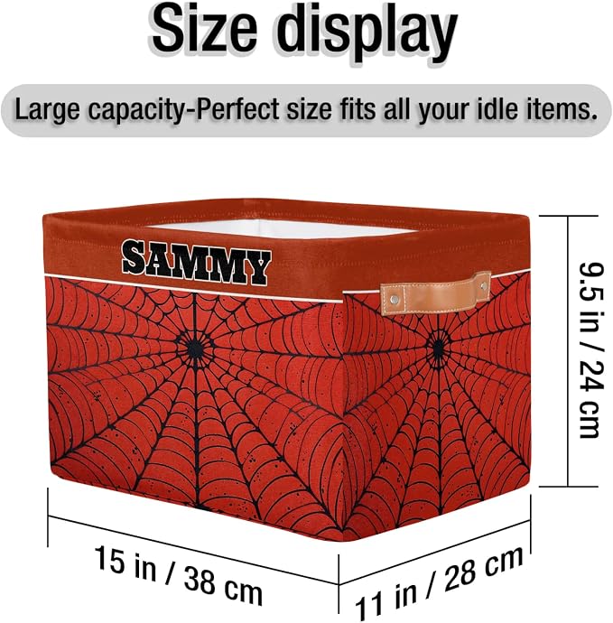 Custom Storage Basket, Personalized Name Rectangle Organizer Bin Spider Web Red Black for Pet/Children Toys, Books, Clothes, Perfect for Rooms/Playroom