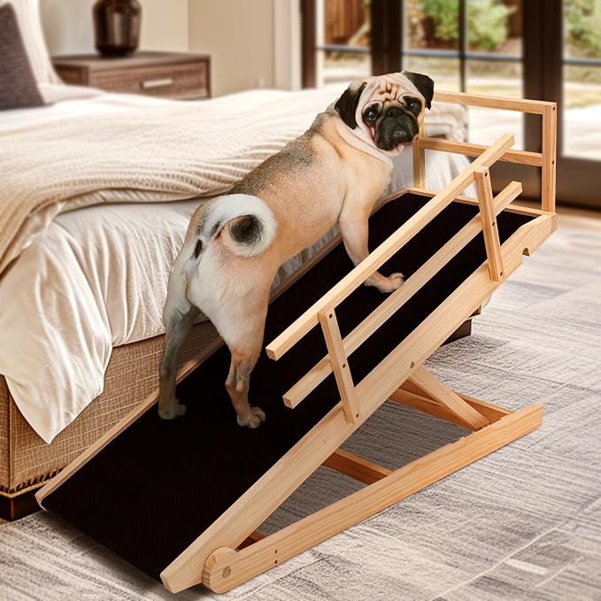 Dog Ramp for Bed & Couch, Foldable Wooden Pet Ramp, 5 Adjustable Heights | Height up to 31", Portable Dog Ramp with Non-Slip Rubber Surface & Safety Railings, Pet Ramp for Small, Large, Senior Dogs