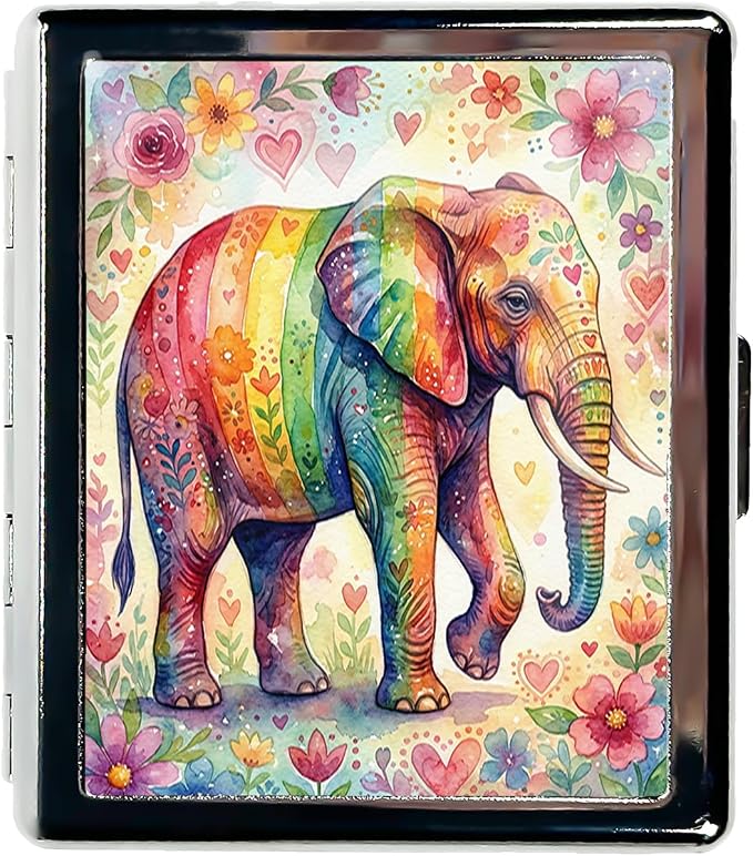 Weekly Pill Organizer, Metal Pill Box with 8 Compartments, Small Travel Pill Case for Purse Pocket, Medicine Vitamin Supplement Organizer (Rainbow Elephant)
