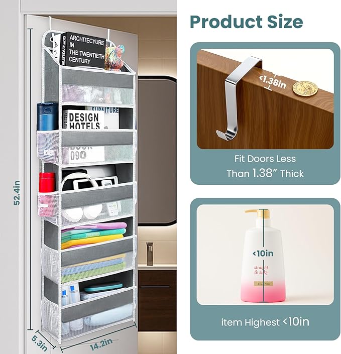 Over the Door Organizer with 10 Side Mesh Pockets,6 Shelf | 4 Shelf Capacity Hanging Behind the Door Kitchen Organizers&Storage Suitable for Storing Toys, Shoes, Towels, Grey