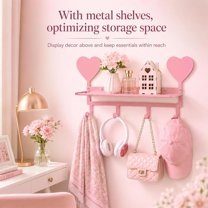 Pink Heart Metal Wall Mounted Coat Rack with Shelf 4 Hooks | Entryway Bedroom Organizer for Keys Purse Towel, Pet Leash Collar Hanger, Decorative Metal Shelf, Holds Bags Hats