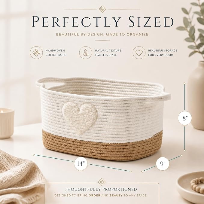 UBUSUN Storage Basket, Woven Baskets for Shelves, Heart | 3 Pack Boho Cotton Rope Storage Baskets, 14" x 9" x 8", Home Organizer for Nursery, Holds Toys, Books & Towels