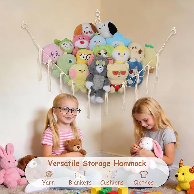 Stuffed Animal Storage Hammock Corner,55 Inch Large No Drill Toy Net,Cream | Handcrafted Natural Cotton Plushie Net,Boho Macrame Toy Hammock,Stuffed Animals Storage Display Organizer,Nursery Room Decor