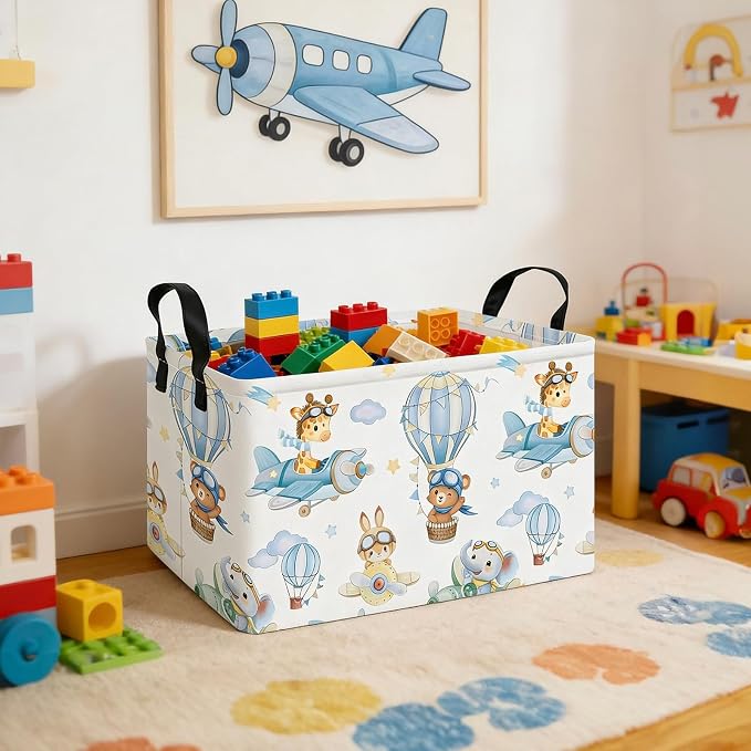 Rectangle Foldable Storage Basket Handles For Home, Airplane Animal | Waterproof canvas material, reinforced handles, perfect for shelf use, organizes clothes, daily items and pet supplies