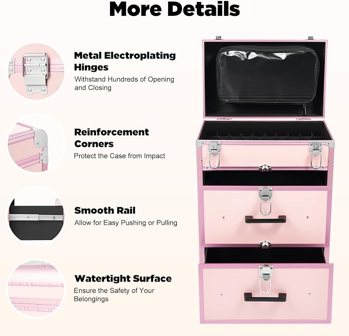 Professional Rolling Makeup Train Case, Large Cosmetic Trolley with Three-Gear Telescopic Pull Rod for Hairdressers, Pet Beauticians Bearing Capacity 110.23 Lbs 22.4 x 14.2 x 9.1 Inch Pink