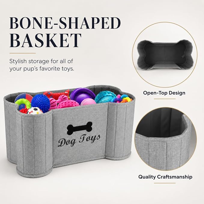 Large Dog Toy Basket Dogs Bone Basket Collapsible Dog Toy Bin Toy Box ,Pet Stuff Organizer, Fabric Puppy Toy Box with Diy Tag -Gray
