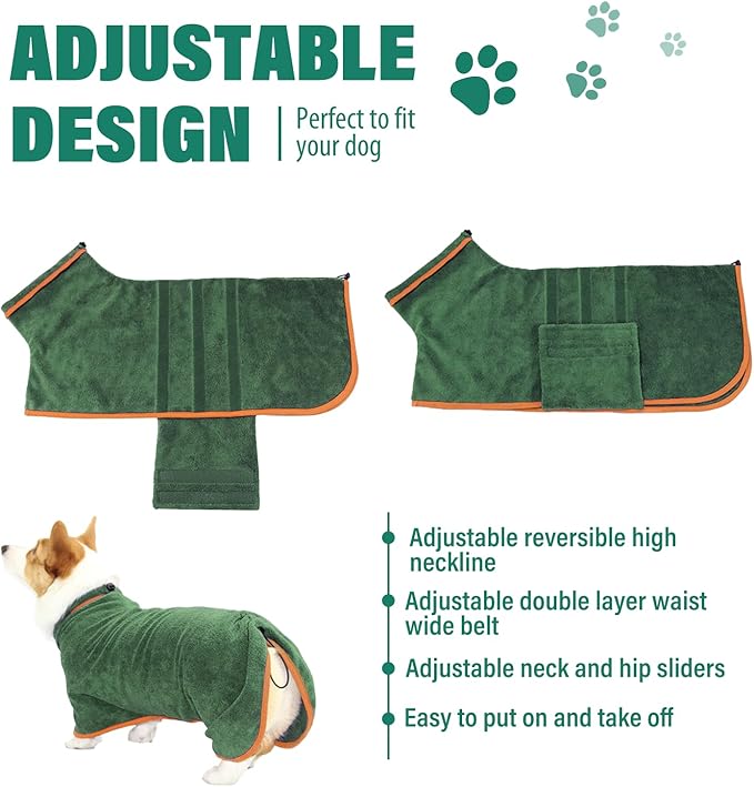 Dog Drying Coat - Fast Drying Dog Towel Robe - Microfiber Super Absorbent Pet Bathrobe, Adjustable Collar & Belly Strap Coat Pet Bath Robe Towel (XX-Large, Green)