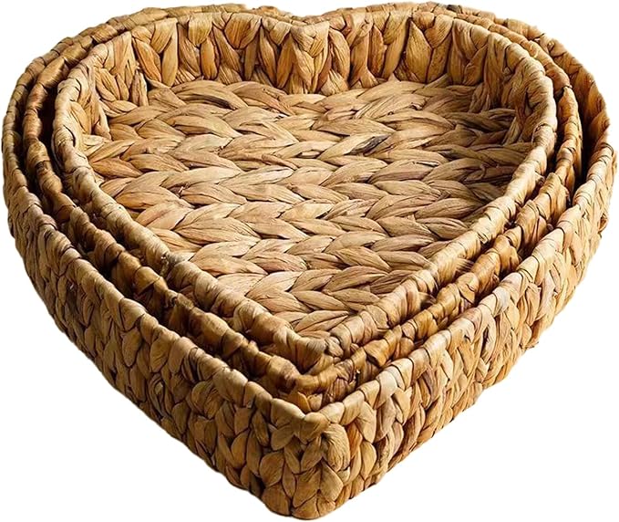 Set of 3 Heart Wicker Storage Baskets | Hand-Woven Natural Water Hyacinth Storage Baskets Stackable Pantry Organizers and Storage for Shelves Bathroom Kitchen