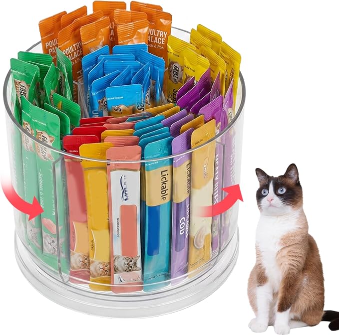 Lickable Cat Treats Organizer, Rotatable Acrylic Squeeze Up Cat Food Storage Container with 5-compartment Storage for Pet Treats, Wet Cat Treats Storage for Kitchen Cabinet Pantry Shelf Countertop