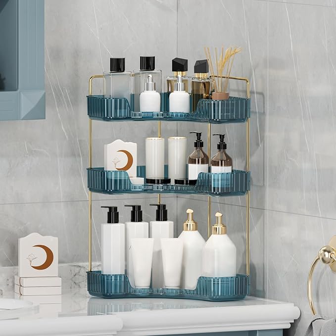 Corner Bathroom Counter Organizer Bathroom Countertop Shelf Makeup Organizer for Vanity Perfume Tray for Corner Storage (3 Tiers, Blue)