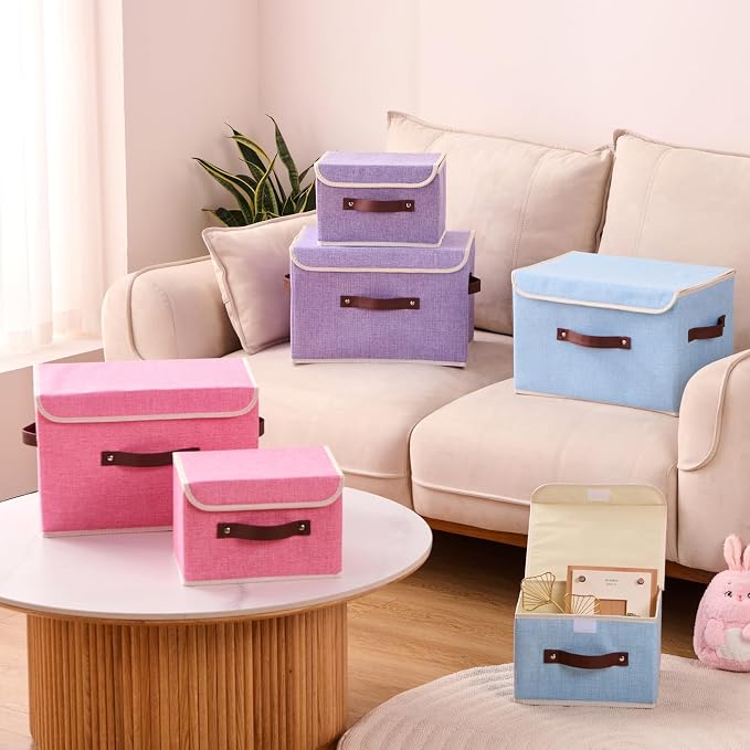 2PCS Storage Boxes with Lids Cotton Linen Fabric Bins Baskets | Decorative Collapsible Washable, Clothes Container Organizer for Closet Shelf, w/ Faux Leather Handles, Light Blue, Small