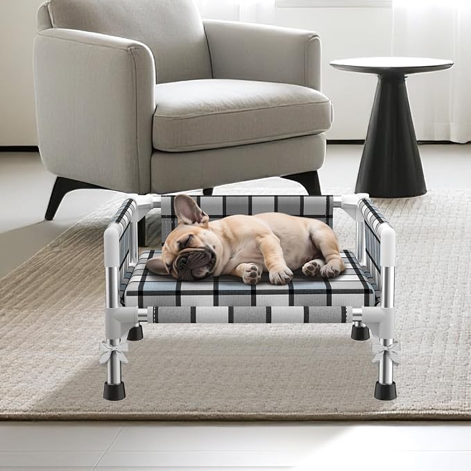 Elevated Dog Bed with with Guardrail & Cushion, Raised 3-Fence Dog Bed | Breathable Lifted Stainless Steel Frame Dog Hammock Bed with Mat for Small Pets, Cooling Washable Dog Cot
