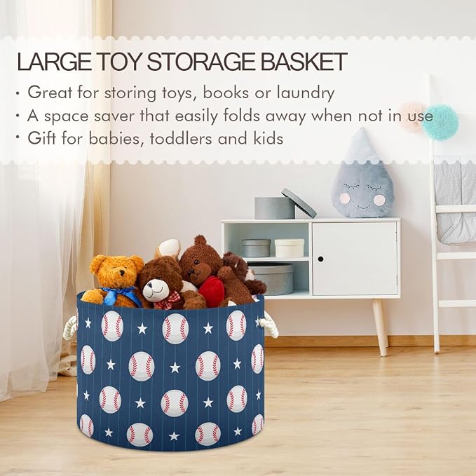 DOMIKING Large Storage Basket for Toys Baseball Blue Print Storage Bin Box Laundry Basket for Nursery Room Home Decor, Pet Toy, Blankets