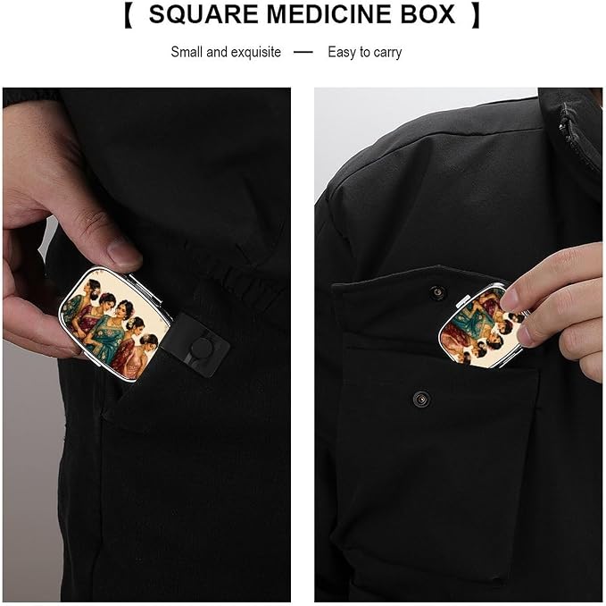 Elegant South Asian Women in Traditional Attire Two Compartment Pill Box Medicine Organizer, Portable Pill Case with Secure Snap Closure for Vitamins Medication Supplements Daily Use