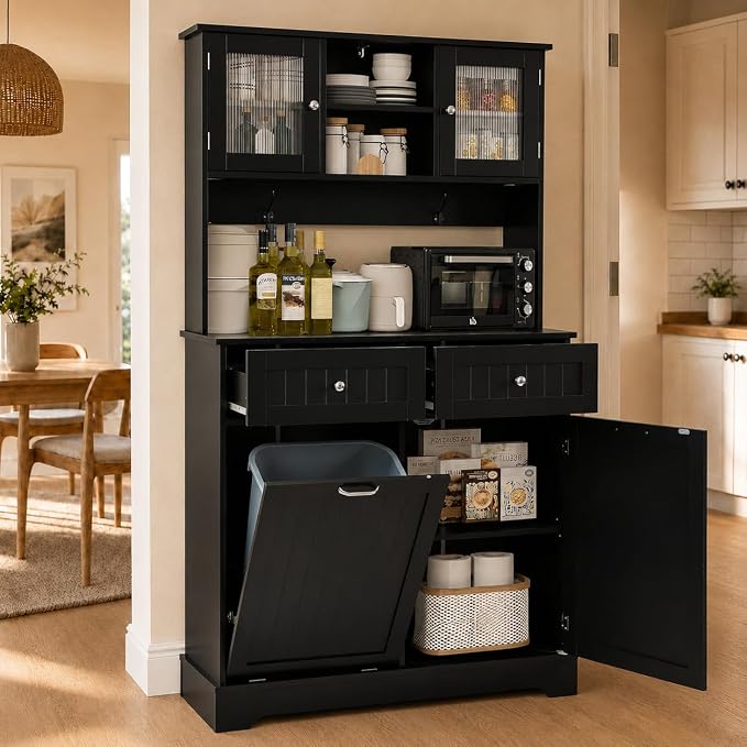 68.4" Kitchen Pantry Storage Cabinet, Freestanding Cupboard with Shelf, 2 Drawers and 1 Tilt Out Trash Cabinet, Tall Cabinets for Kitchen, Dinning Room, Living Room (Glossy Black, Single Tilt)