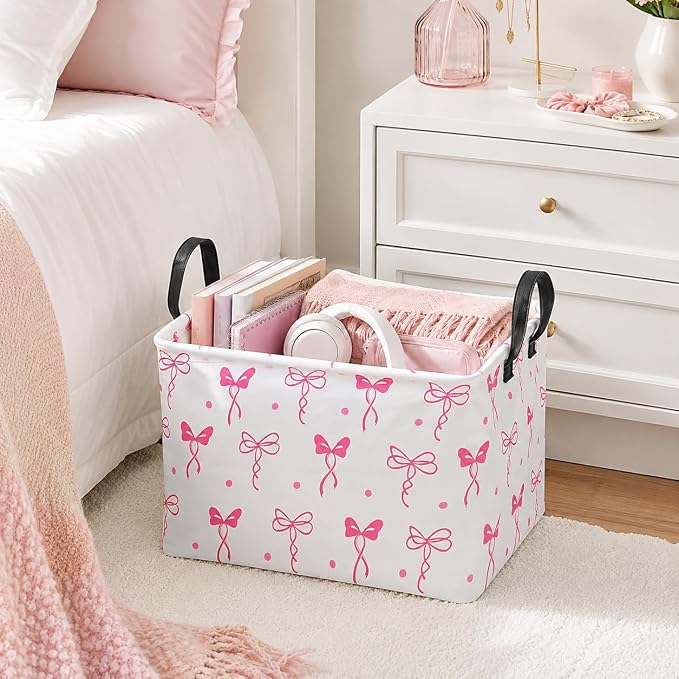 Pink Bow Storage Basket for Girls Room, Foldable Toy Organizer Bin | Pink Bow Design with Cotton Linen Fabric, Waterproof Lining, Leather Handles and Foldable Style for Girls Room Storage